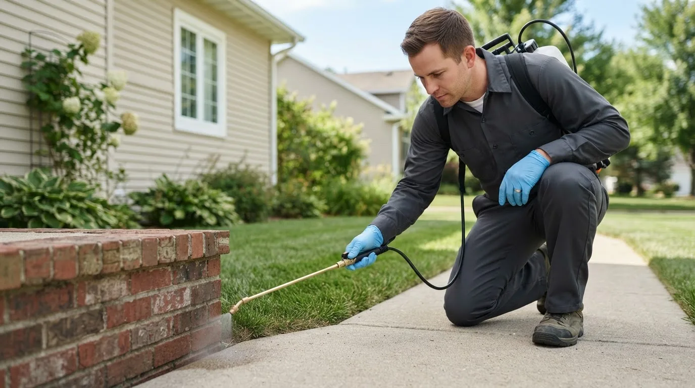 Pest control technician treating a home near Glendale, RI